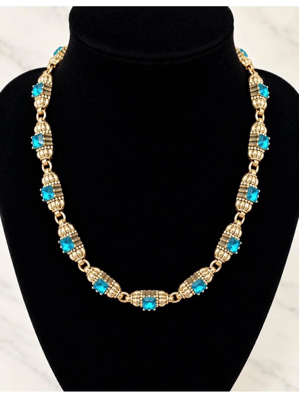 Vintage Silver Tone Necklace with Green Square Rhinestones and Lobster Clasp